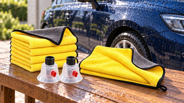 Kit lavage pro (2 buses à mousse, microfibres, serviette de séchage) à côté d'une voiture fraîchement lavée