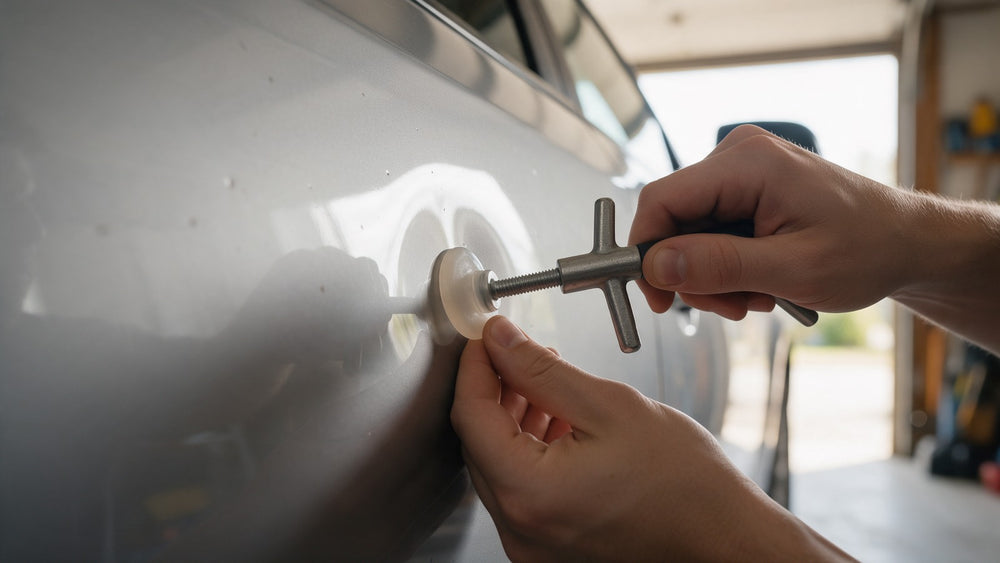 Mains utilisant un extracteur de bosses sur une portière