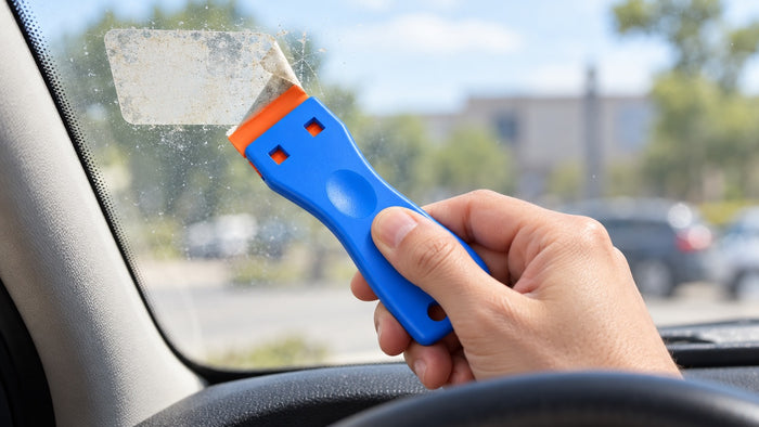 Grattoir à autocollants en situation sur une voiture, photo 1
