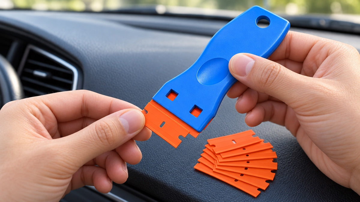 Grattoir à autocollants en situation sur une voiture, photo 3
