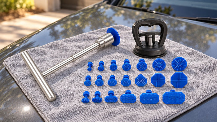 Kit débosselage complet posé sur le capot d'une voiture
