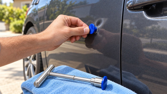 Kit de débosselage sans peinture en situation sur une voiture, photo 1
