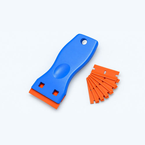 Grattoir bleu à lame plastique et lames de rechange orange